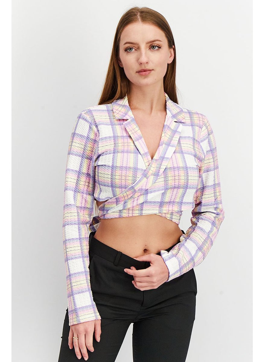 Asos Design - Women Jersey Sluit Summer Check Wrap Crop Blazer, Purple Combo - Image 1