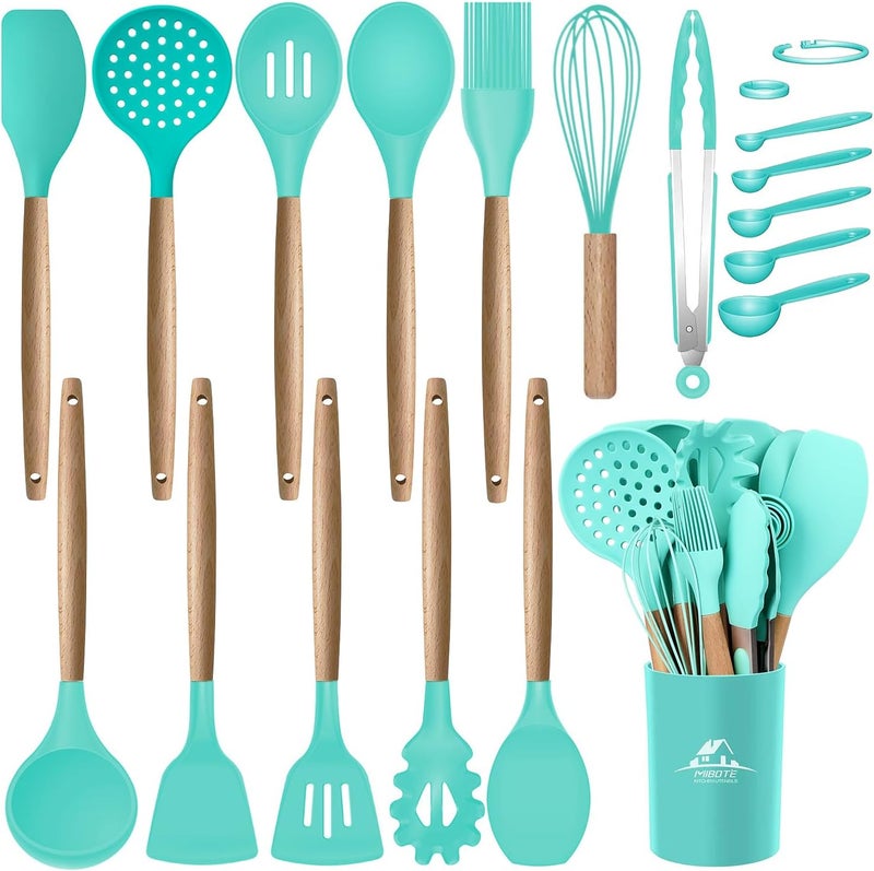 MIBOTE Silicone Cooking Kitchen Utensils Set with Holder, Wooden Handles Cooking Tool BPA Free Turner Tongs Spatula Spoon Kitchen Gadgets Set for Nonstick Cookware (Teal) - Image 1