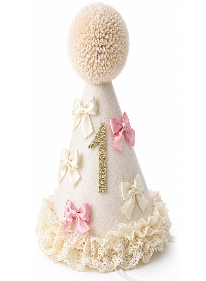 suvast 1 Birthday Hat – Fabric One Party Hat with Handmade Pom Pom & Lace Ruffle, Neutral 1st Birthday Hat for Boys & Girls (Neutral Cream Color 1 st) - Image 1