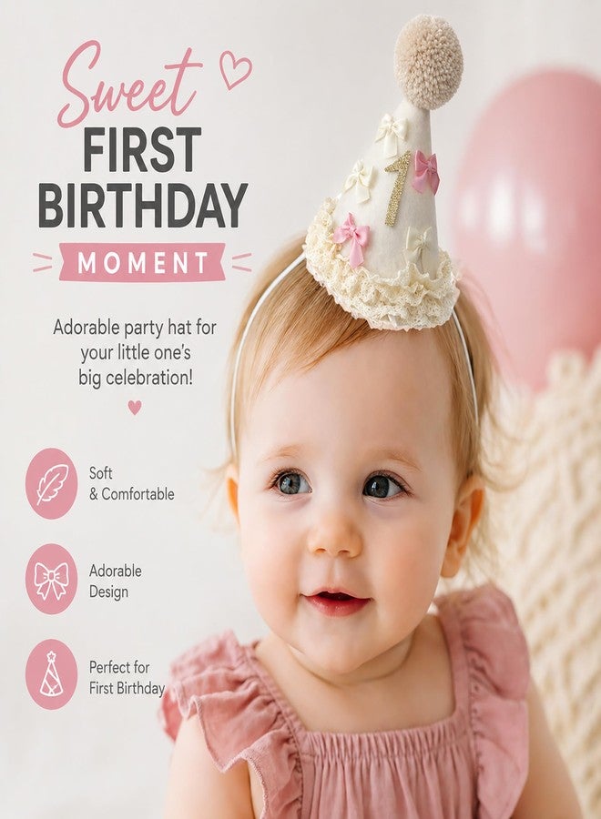 suvast 1 Birthday Hat – Fabric One Party Hat with Handmade Pom Pom & Lace Ruffle, Neutral 1st Birthday Hat for Boys & Girls (Neutral Cream Color 1 st) - Image 3