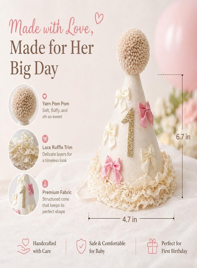 suvast 1 Birthday Hat – Fabric One Party Hat with Handmade Pom Pom & Lace Ruffle, Neutral 1st Birthday Hat for Boys & Girls (Neutral Cream Color 1 st) - Image 2