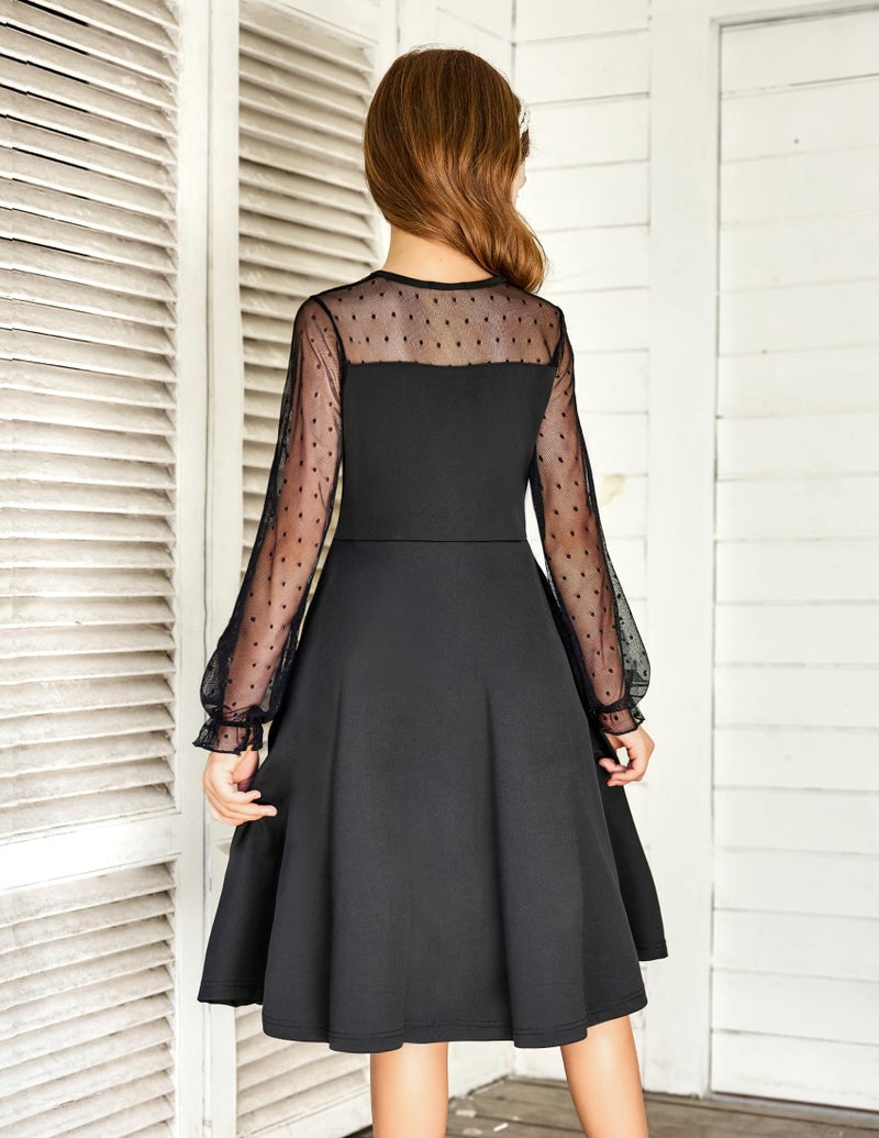 Arshiner Girl's Contrast Mesh Puff Long Sleeve High Waist A Line Black Short Dress with Pockets 9-10 Years - Image 3
