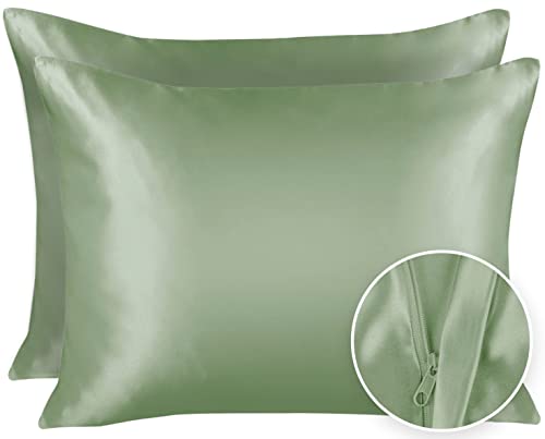 SHOPBEDDING ShopBedding Satin Pillowcase with Zipper for Hair and Skin Care Feels Soft and Cool Like a Silk Pillowcase Satin Pillow Cases 2 Pack Slik Pillow Cover Sage Green  Standard Size  Set of 2 