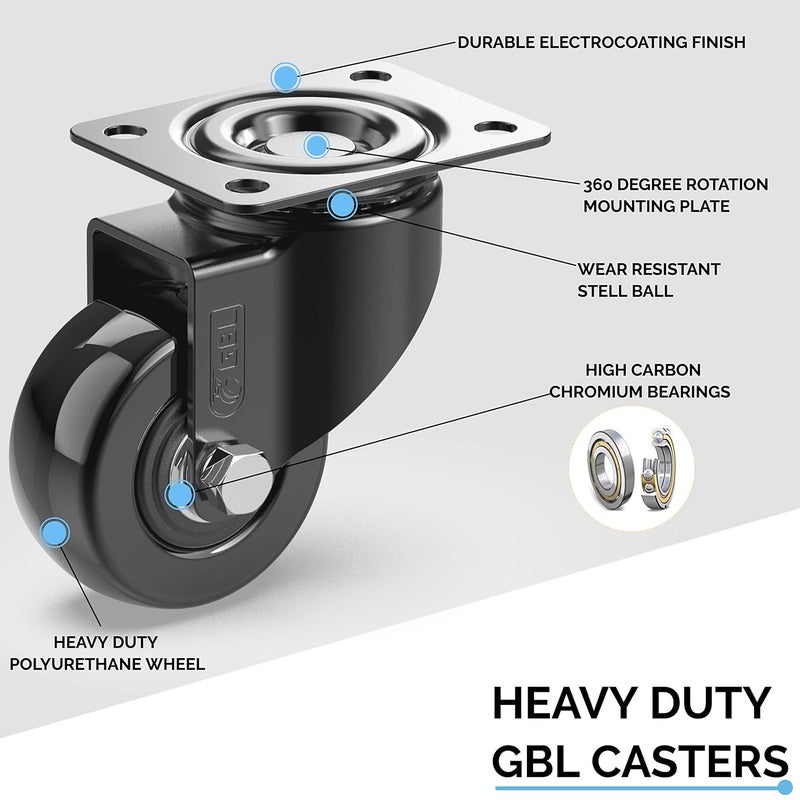 G&BL 2" Heavy Duty Caster Wheels Without Brakes + Screws - up to 440Lbs - Set of 4 No Floor Marks Silent Castor for Furniture - Rubbered Trolley or Pallet Swivel Wheels - Black Casters - Image 2