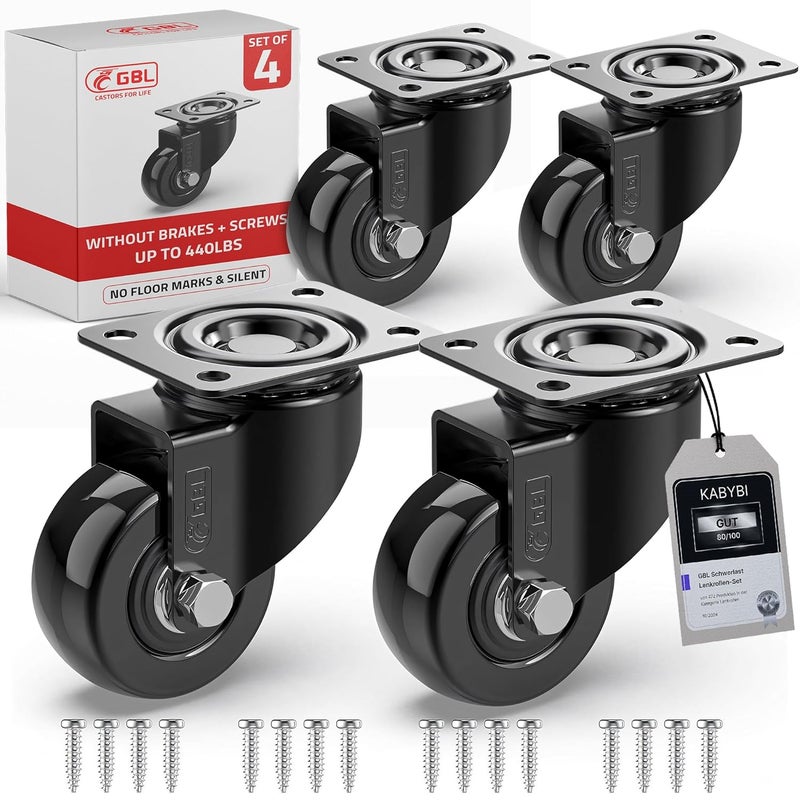 G&BL 2" Heavy Duty Caster Wheels Without Brakes + Screws - up to 440Lbs - Set of 4 No Floor Marks Silent Castor for Furniture - Rubbered Trolley or Pallet Swivel Wheels - Black Casters - Image 1