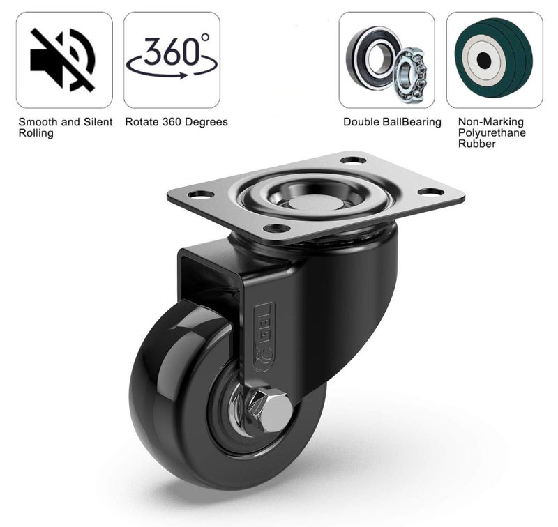 G&BL 2" Heavy Duty Caster Wheels Without Brakes + Screws - up to 440Lbs - Set of 4 No Floor Marks Silent Castor for Furniture - Rubbered Trolley or Pallet Swivel Wheels - Black Casters - Image 3