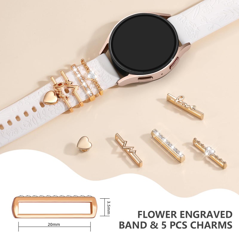 DaQin Flower Engraved Band Compatible with Samsung Galaxy Watch 7 Band/FE 6 5 4 40mm 44mm,Galaxy Active 2, 20mm Watch Band Soft Silicone Replacement Strap with Decorative Charms Accessories Women - Image 5