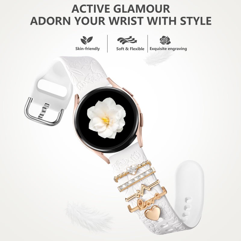 DaQin Flower Engraved Band Compatible with Samsung Galaxy Watch 7 Band/FE 6 5 4 40mm 44mm,Galaxy Active 2, 20mm Watch Band Soft Silicone Replacement Strap with Decorative Charms Accessories Women - Image 3