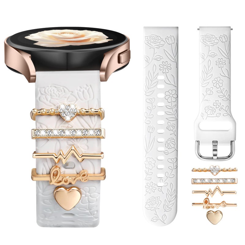 DaQin Flower Engraved Band Compatible with Samsung Galaxy Watch 7 Band/FE 6 5 4 40mm 44mm,Galaxy Active 2, 20mm Watch Band Soft Silicone Replacement Strap with Decorative Charms Accessories Women - Image 1
