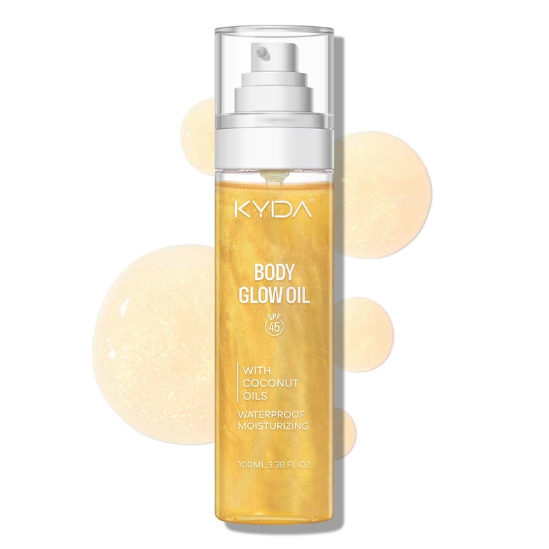 KYDA Body Glow Oil, SPF 45 Broad Spectrum, Sunscreen Body Oil with Gold Mica, Moisturizing Coconut Body Oil, Lightweight Glow Body Moisturizer, Water Resistant, 3.38 fl oz, GOLD