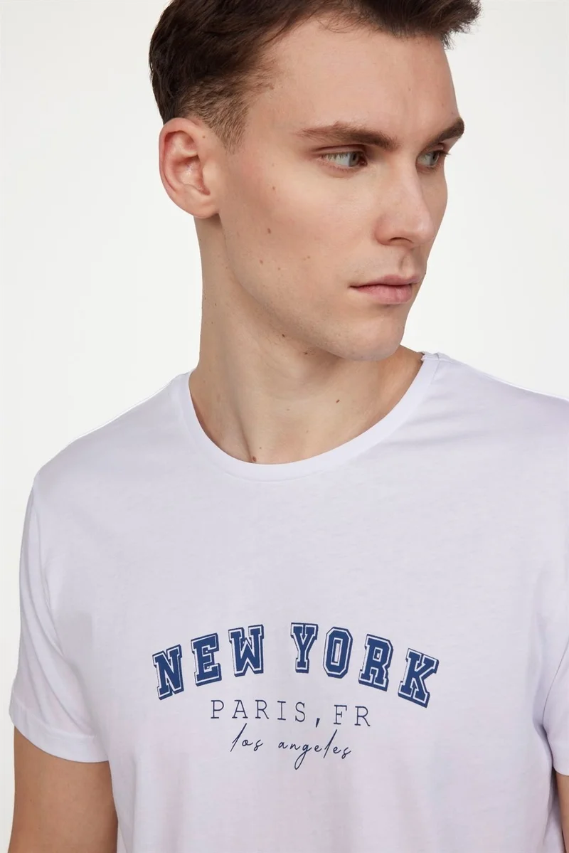 تودورس Men's Crew Neck Slim Fit Cotton Printed White T-Shirt