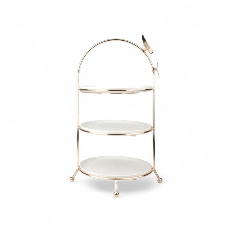 Soleter Butterfly Round Stand 3-Tier Gold 27cm - White Porcelain Plates with Decorative Butterfly Metal Frame & Arched Handle, Premium Serveware for Desserts, Tea Parties, Weddings & Special Occasions - Image 2