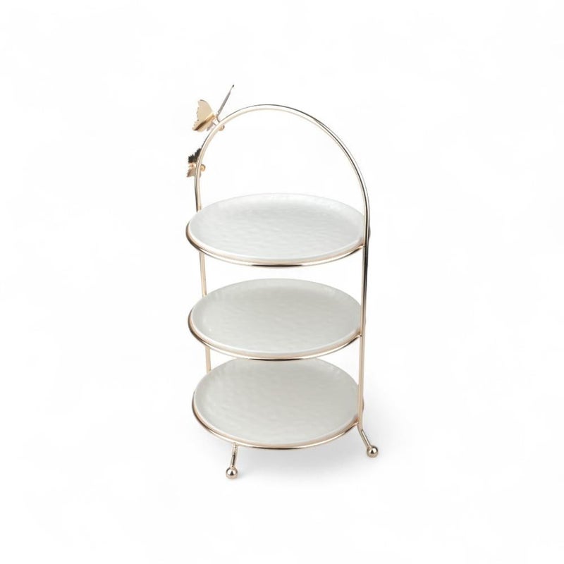 Soleter Butterfly Round Stand 3-Tier Gold 27cm - White Porcelain Plates with Decorative Butterfly Metal Frame & Arched Handle, Premium Serveware for Desserts, Tea Parties, Weddings & Special Occasions - Image 3