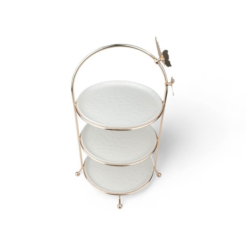 Soleter Butterfly Round Stand 3-Tier Gold 27cm - White Porcelain Plates with Decorative Butterfly Metal Frame & Arched Handle, Premium Serveware for Desserts, Tea Parties, Weddings & Special Occasions - Image 5