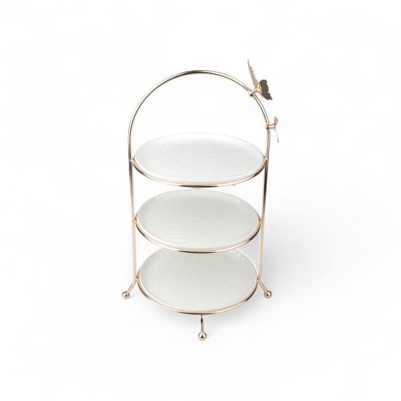 Soleter Butterfly Round Stand 3-Tier Gold 27cm - White Porcelain Plates with Decorative Butterfly Metal Frame & Arched Handle, Premium Serveware for Desserts, Tea Parties, Weddings & Special Occasions - Image 4