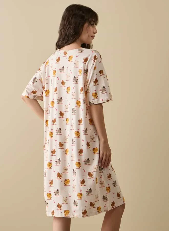 Splash FAV Printed Sleepshirt with Round Neck and Short Sleeves