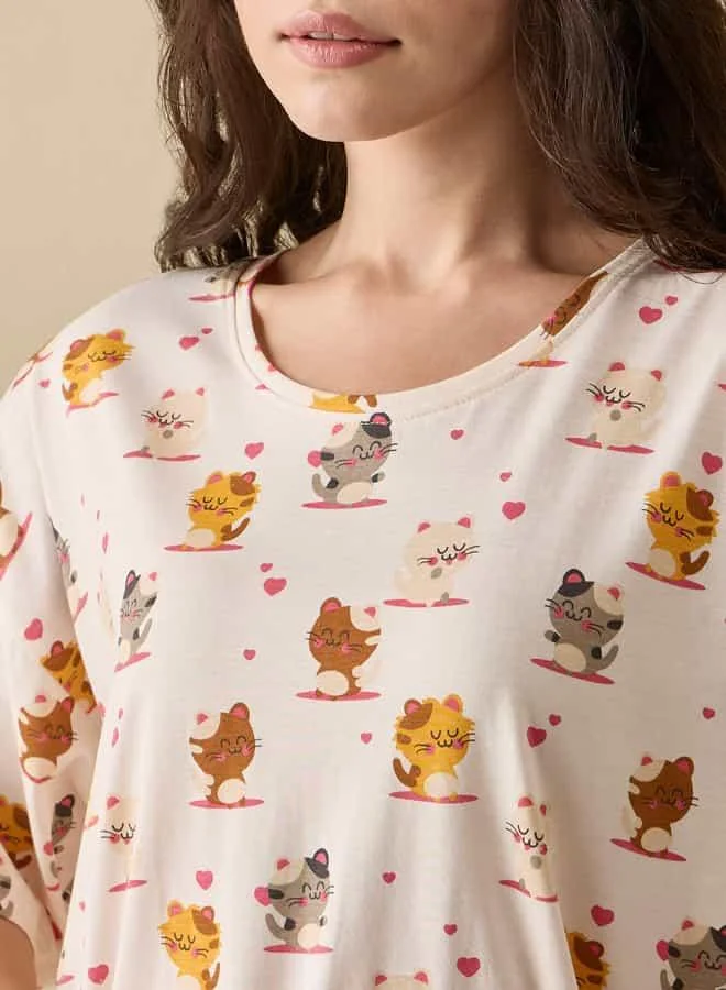 Splash FAV Printed Sleepshirt with Round Neck and Short Sleeves