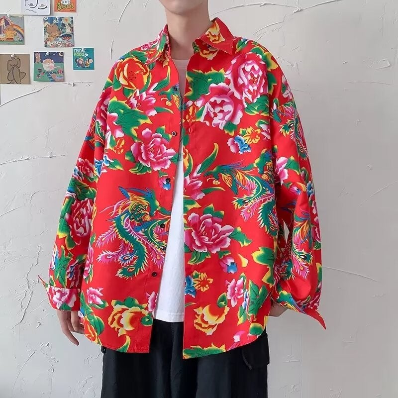 Northeast Big Flower Shirt oversize National Fashion Peony Shirt Mens Fashionable Ins Retro Ethnic Style Coat Spring 2338 red