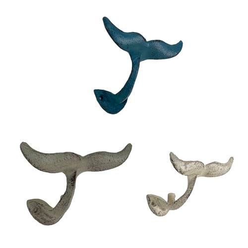 Zeckos Set of 3 Cast Iron Nautical Whale Tail Wall Hooks Stylish and Functional Towel Hat and Key Hangers Rustic 5Inch Decorative Hooks for CoastalThemed Home - Image 1