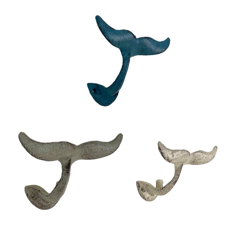 Zeckos Set of 3 Cast Iron Nautical Whale Tail Wall Hooks Stylish and Functional Towel Hat and Key Hangers Rustic 5Inch Decorative Hooks for CoastalThemed Home - Image 2
