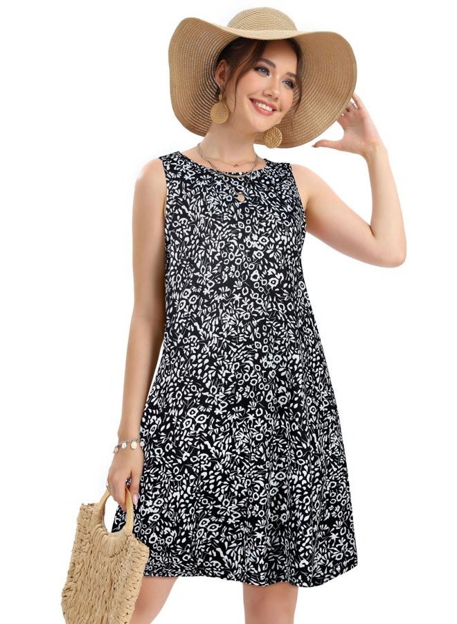 elescat Beach Floral Sleeveless Pockets Casual Loose Tank Summer Dress for Women, Black Floral 06, S - Image 3