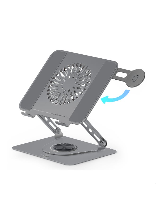 Deskmate-8 3-in-1 Laptop Cooling Stand with Magnetic Fan, 360° Rotating Base, Adjustable Height, MagSafe Phone Holder, Silent 12cm 1700rpm Fan for Laptops up to 17.3 Inches Grey
