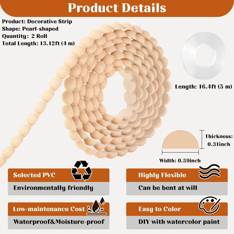 ECcandiedhaws 2 Rolls Flexible Molding Trim Peel and Stick-13FT Wood Color Wall Trim for Home Walls, Paintable DIY Decorative Moulding for Cabinet, Mirror Frame, Tile, Window, Bathroom Edge Decor - Image 2