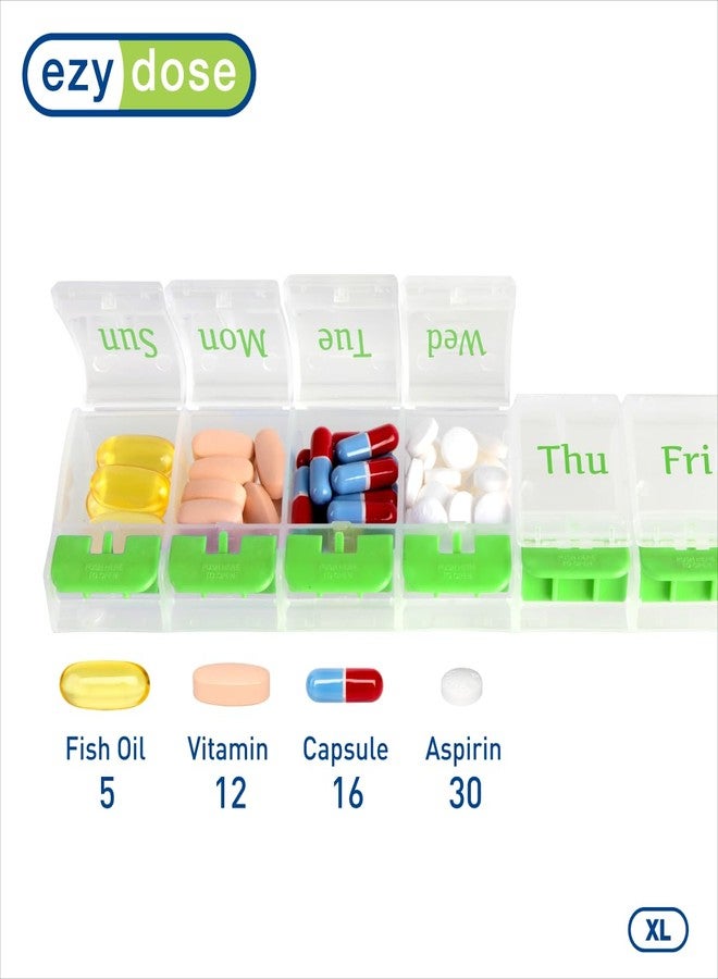 EZY DOSE Weekly (7-Day AM/PM Daily Pill Organizer, Vitamin Case, and Medicine Container, X-Large Compartments, Arthritis Friendly, Convenient with Effortless Portability, Clear/Green Lids, BPA Free - Image 3