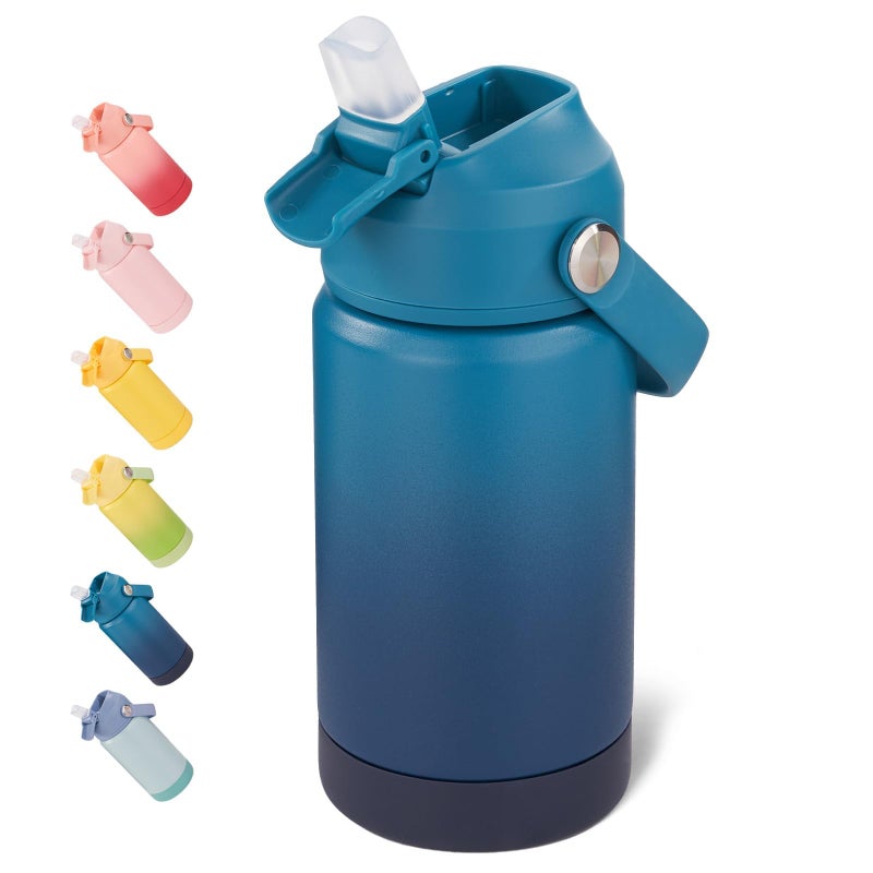 Fijinhom 12 oz Water Bottle, Kids Water Bottles for School, Toddler Water Bottle with Straw & Handle, 304 Stainless Steel Insulated Water Bottle, Non-slip Silicone Base, BPA Free, Gradient Blue - Image 1