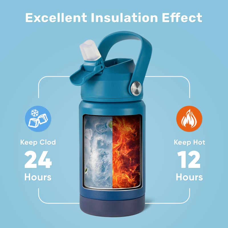 Fijinhom 12 oz Water Bottle, Kids Water Bottles for School, Toddler Water Bottle with Straw & Handle, 304 Stainless Steel Insulated Water Bottle, Non-slip Silicone Base, BPA Free, Gradient Blue - Image 5