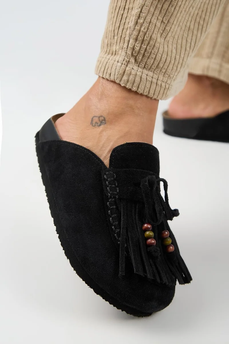 Manijero Manijero Malinda Women's Genuine Leather Tassel and Bead Detail Clogs Black