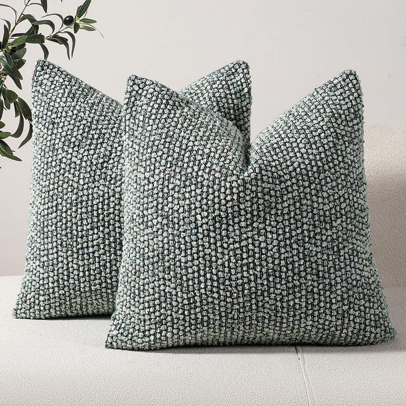 DEZENE Striped Throw Pillow Covers 18x18 Set of 2 Green Textured Boucle Chic Morden Boho Accent Farmhouse Square Decorative Couch Pillow Covers for Home Decor Bed Sofa Living Room - Image 1