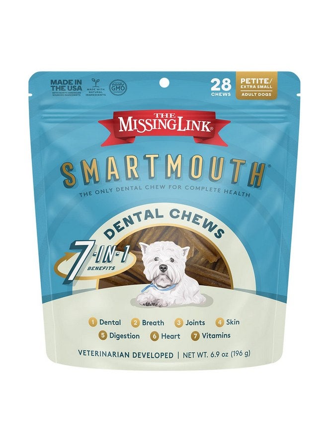 ذا ميسينج لينك حلوى المضغ للأسنان من إنتاج شركة Smartmouth Vet، 7 في 1، فوائد: أسنان ولثة صحية، نفس، بشرة، مفاصل، هضم، قلب، جهاز مناعة - كلاب صغيرة/كبيرة الحجم بوزن 5-15 رطل، 28 قطعة - Image 1