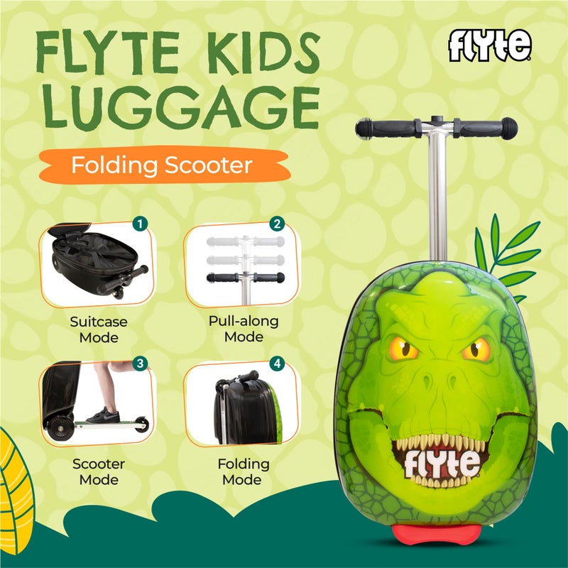 FLYTE Flyte Scooter Suitcase Folding Kids Luggage - Darwin The Dinosaur, Hardshell, Ride On with Wheels, 2-in-1, 18 Inch, 25 litre Capacity  - Image 2