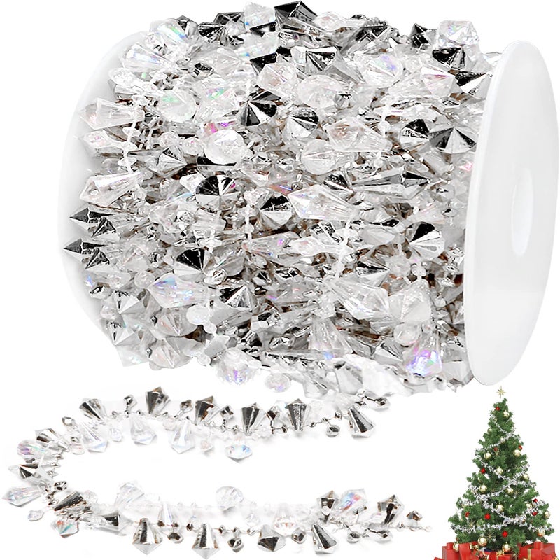 Jishi 16ft Christmas Garland Christmas Tree Silver Bead Decor Clear Iridescent Silver Bead Garland Twist Bead String for Christmas Tree Decoration Rustic Crystal Garland Ornaments Home Decorations