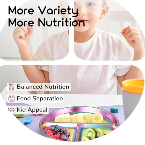 Bakpoco 9" Stainless Steel Toddler Plates Set of 4, Divided Plate for Kids & Baby, Non Toxic Unbreakable Dishes Dinnerware Adults Portion Control Snack Container, Colorful Meal Time Chums - Image 5
