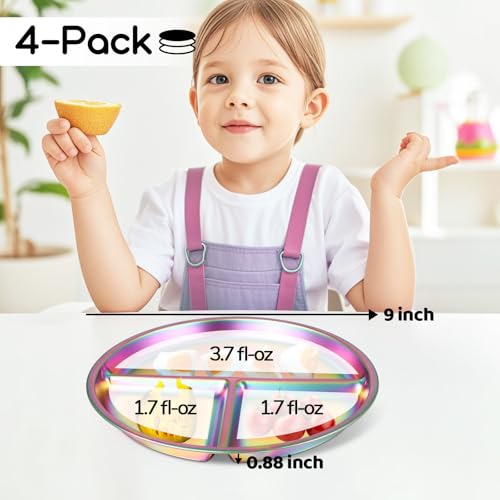 Bakpoco 9" Stainless Steel Toddler Plates Set of 4, Divided Plate for Kids & Baby, Non Toxic Unbreakable Dishes Dinnerware Adults Portion Control Snack Container, Colorful Meal Time Chums - Image 2