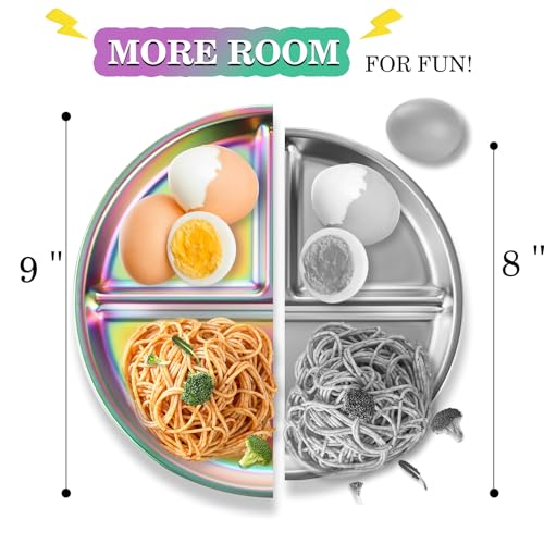 Bakpoco 9" Stainless Steel Toddler Plates Set of 4, Divided Plate for Kids & Baby, Non Toxic Unbreakable Dishes Dinnerware Adults Portion Control Snack Container, Colorful Meal Time Chums - Image 4