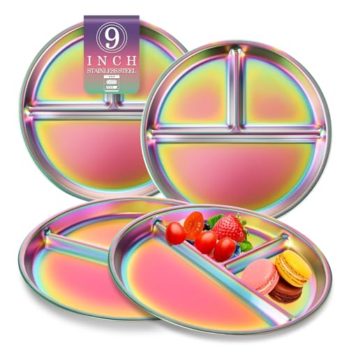 Bakpoco 9" Stainless Steel Toddler Plates Set of 4, Divided Plate for Kids & Baby, Non Toxic Unbreakable Dishes Dinnerware Adults Portion Control Snack Container, Colorful Meal Time Chums - Image 1