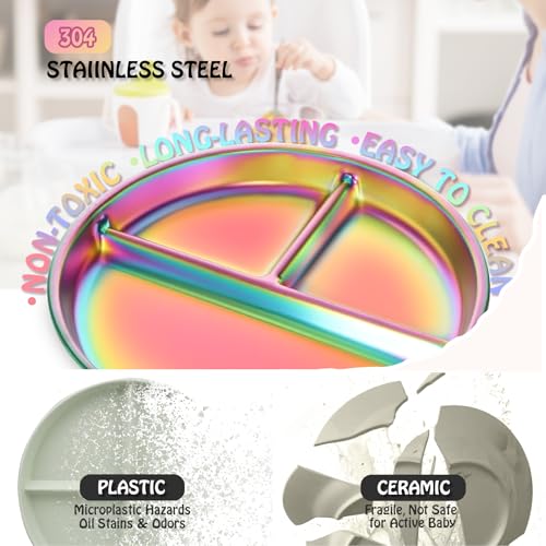 Bakpoco 9" Stainless Steel Toddler Plates Set of 4, Divided Plate for Kids & Baby, Non Toxic Unbreakable Dishes Dinnerware Adults Portion Control Snack Container, Colorful Meal Time Chums - Image 3