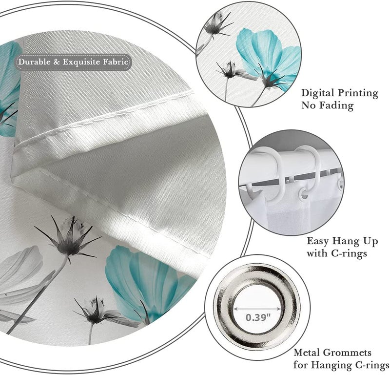 Kikiry Extra Long Shower Curtain 72''W x 84''L Tall Teal Gray Floral Daisy Elegant Flower Grey Cute Wildflower Botanical Bathroom Curtains Accessories Polyester Fabric Waterproof 12 Pack Hooks - Image 2