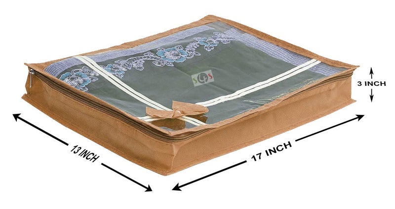 S4S S4S 3 Piece Non Woven Transparent View Flower Design Attractive bow Saree Cover Bag with Stainless Steel Zip Lock Cloth Cover Wardrobe Organizer 80gsm fabric_Large_Brown - Image 2