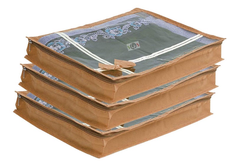 S4S S4S 3 Piece Non Woven Transparent View Flower Design Attractive bow Saree Cover Bag with Stainless Steel Zip Lock Cloth Cover Wardrobe Organizer 80gsm fabric_Large_Brown - Image 1