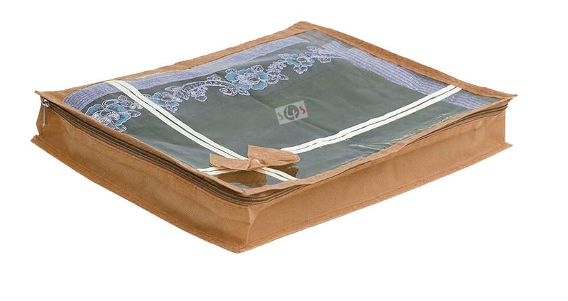 S4S S4S 3 Piece Non Woven Transparent View Flower Design Attractive bow Saree Cover Bag with Stainless Steel Zip Lock Cloth Cover Wardrobe Organizer 80gsm fabric_Large_Brown - Image 3
