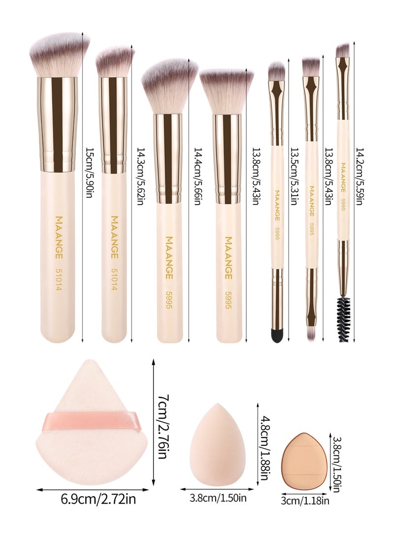 MAANGE Makeup Brushes Set, 12 Pcs Makeup Kit, Include Powder Foundation Concealers Blush Eye shadows Makeup Brushes and Powder Puff, Mini Finger Powder Puff and Makeup Egg(Beige) - Image 3