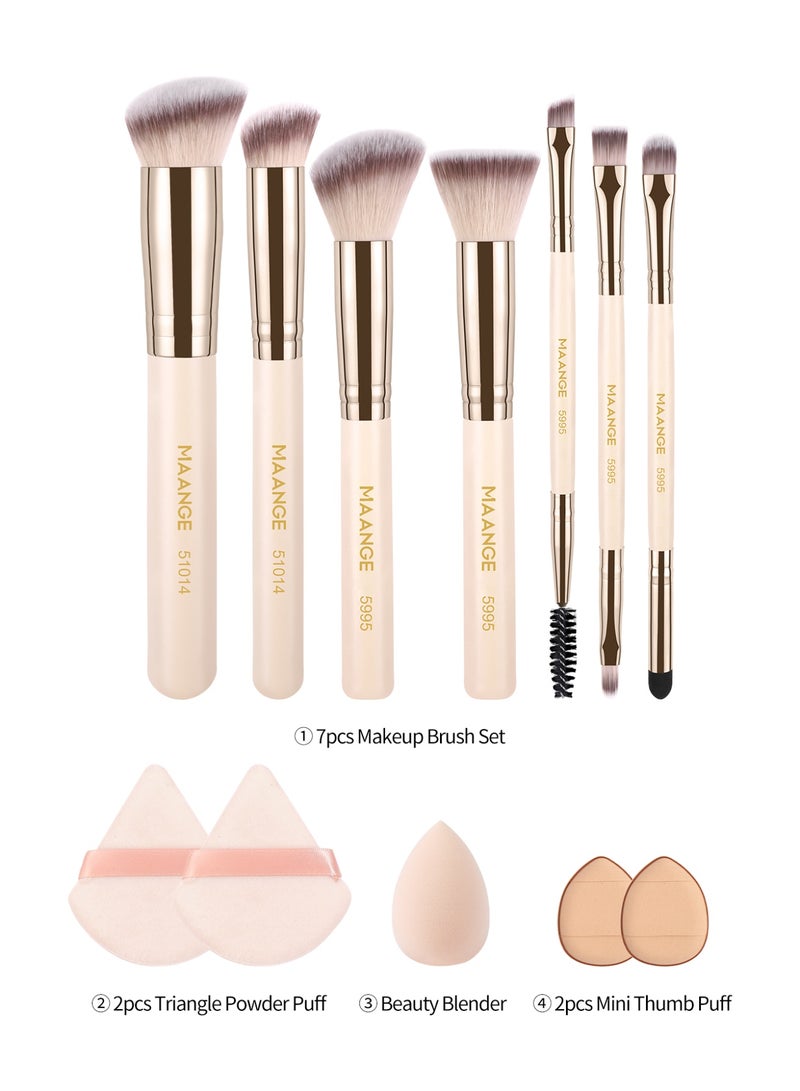 MAANGE Makeup Brushes Set, 12 Pcs Makeup Kit, Include Powder Foundation Concealers Blush Eye shadows Makeup Brushes and Powder Puff, Mini Finger Powder Puff and Makeup Egg(Beige) - Image 4