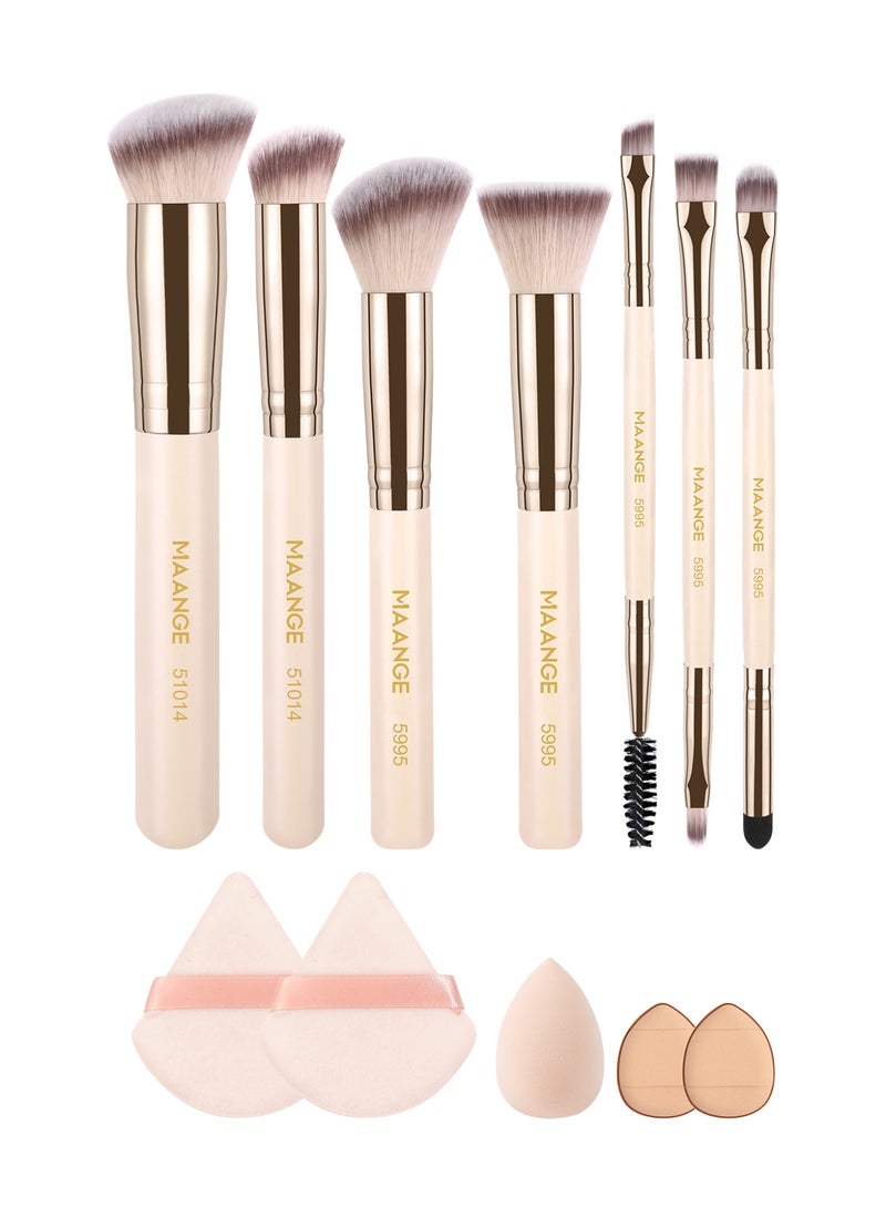 MAANGE Makeup Brushes Set, 12 Pcs Makeup Kit, Include Powder Foundation Concealers Blush Eye shadows Makeup Brushes and Powder Puff, Mini Finger Powder Puff and Makeup Egg(Beige) - Image 1