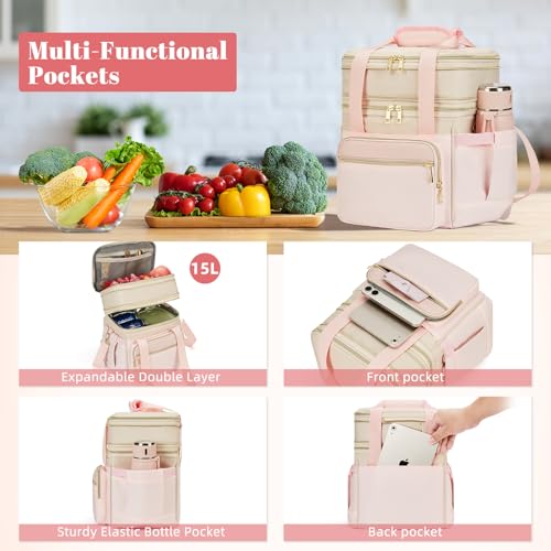 holuxer Insulated Lunch Bag & Lunch Box for Women - Double Deck Reusable Lunch Bag for men Tote Cooler Bag Leakproof Soft Expandable - Large Lunchbox for Work/Adult/Picnic/Outdoor (Pink，15L) - Image 3