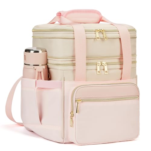 holuxer Insulated Lunch Bag & Lunch Box for Women - Double Deck Reusable Lunch Bag for men Tote Cooler Bag Leakproof Soft Expandable - Large Lunchbox for Work/Adult/Picnic/Outdoor (Pink，15L) - Image 1