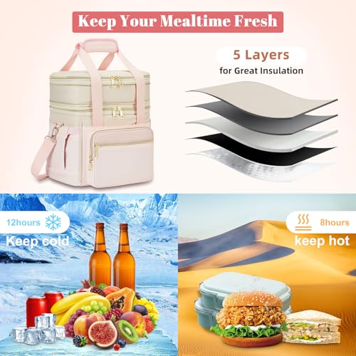 holuxer Insulated Lunch Bag & Lunch Box for Women - Double Deck Reusable Lunch Bag for men Tote Cooler Bag Leakproof Soft Expandable - Large Lunchbox for Work/Adult/Picnic/Outdoor (Pink，15L) - Image 5